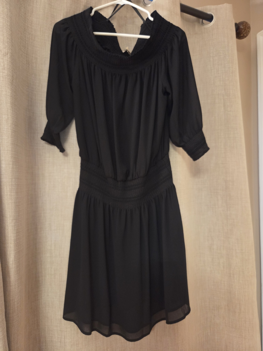 Michael Kors Elegant Black Sheer Smocked Midi Dress with Three-Quarter Sleeves